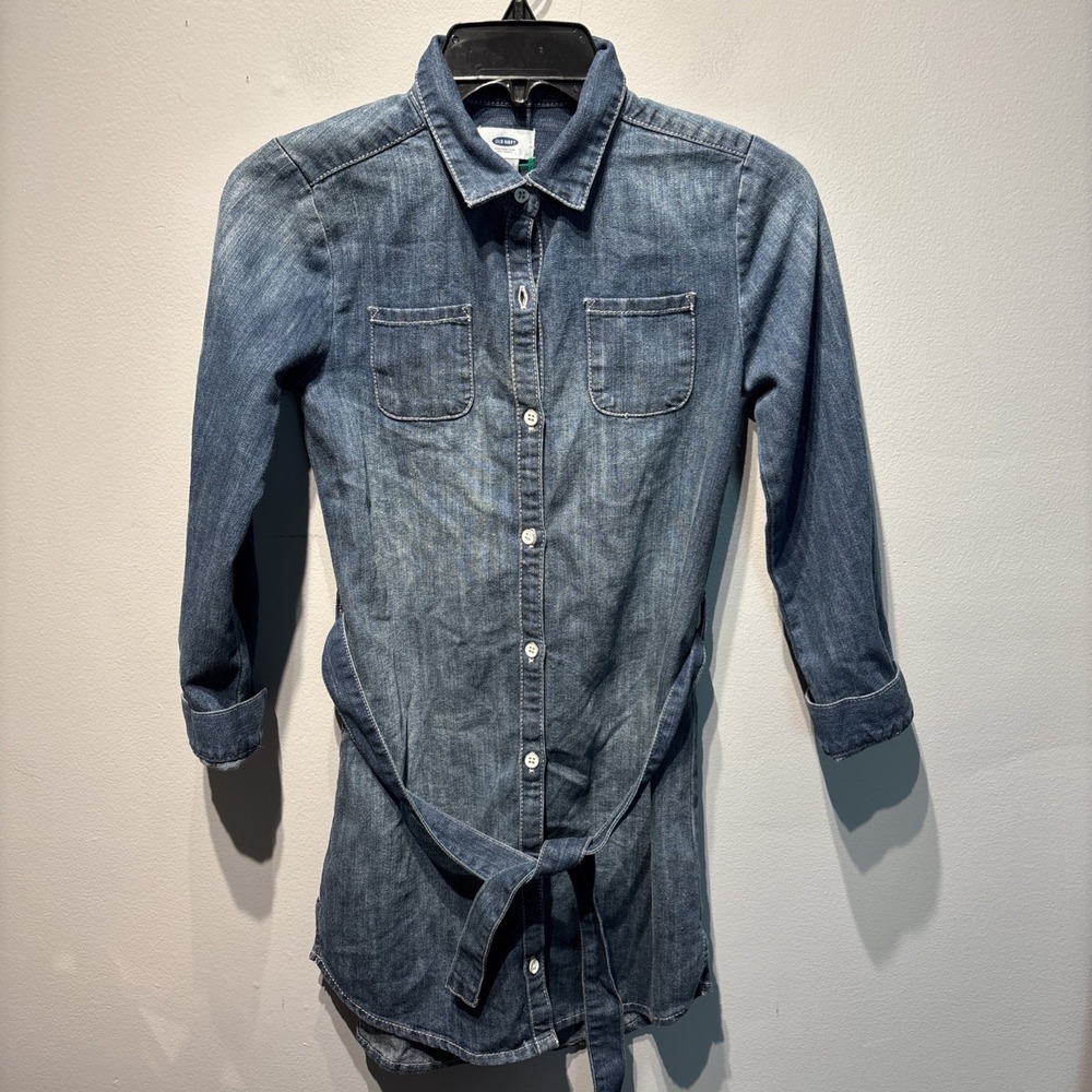Old Navy Girls Denim Jean Dress/Tunic Button Belted Long‎ Sleeve Dark Wash Sz8 M